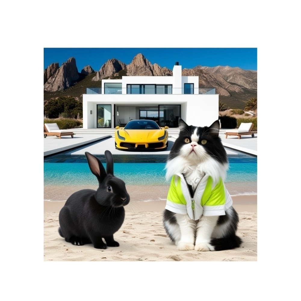 HANDCRAFTED digital art of a rabbit and cat with decor NWT quality color print